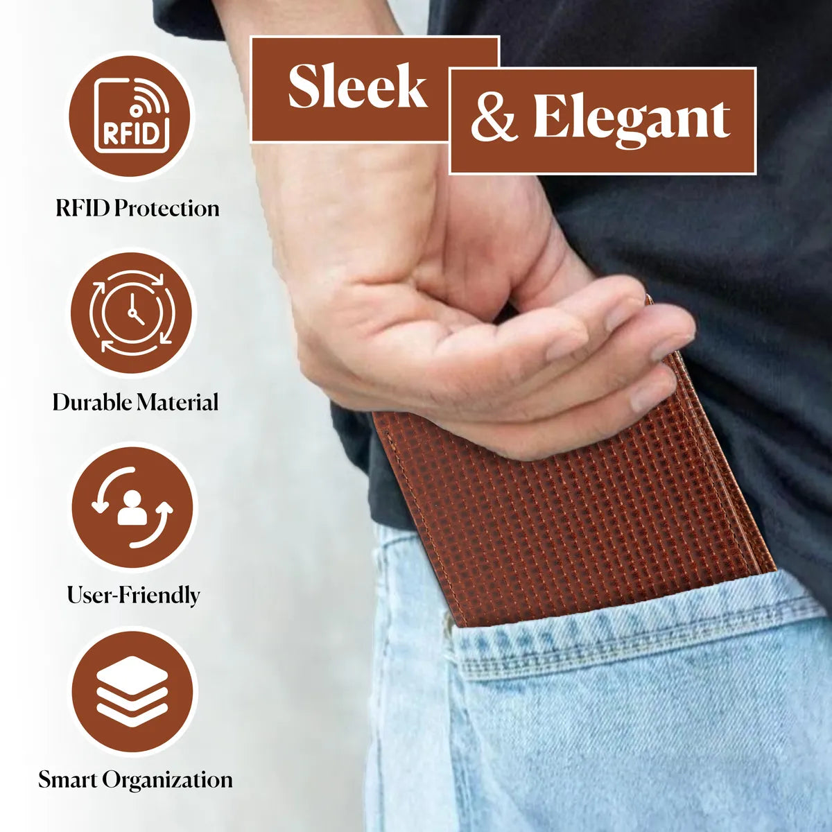 Brown Knitted Brown Genuine Leather With Coin Pocket Rfid Blocking Wallet For Men