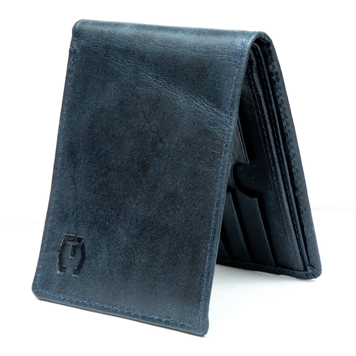 Navy Blue Slim Waxed Crunch Leather Bifold Wallet Rfid Blocking Genuine Leather Rugged & Durable 6 Card Slots Id And Full Cash Compartment For Men