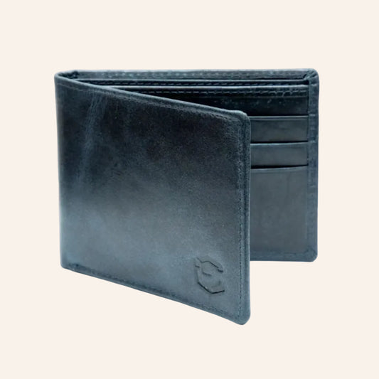 Navy Blue Slim Waxed Crunch Leather Bifold Wallet Rfid Blocking Genuine Leather Rugged & Durable 6 Card Slots Id And Full Cash Compartment For Men