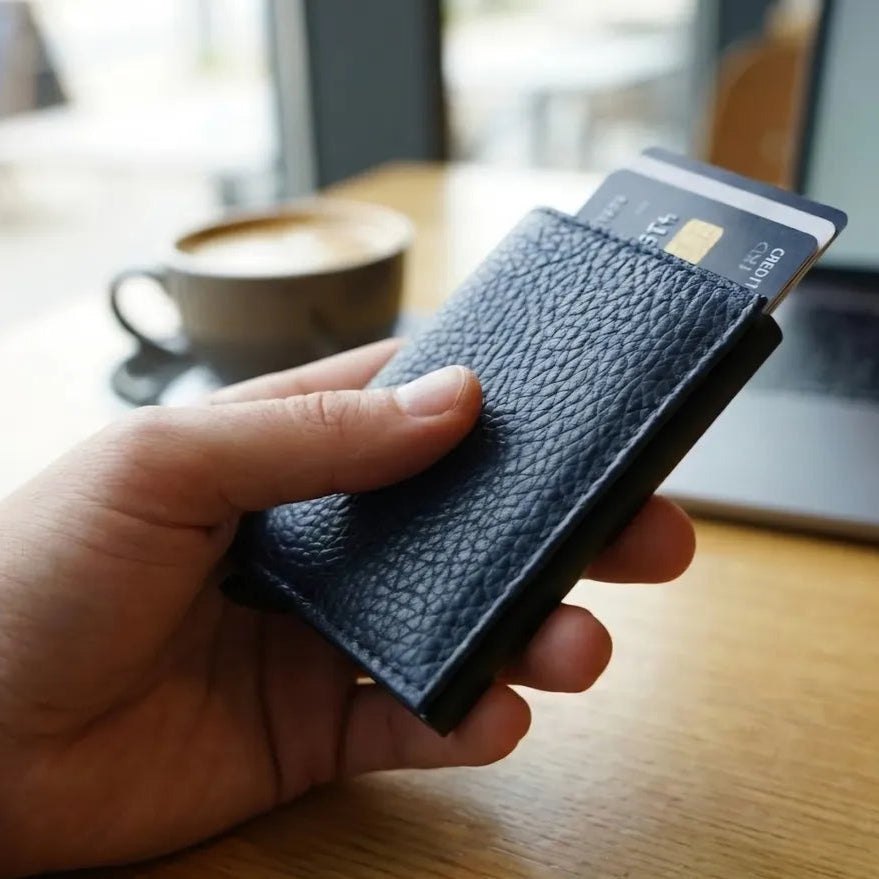 Navy Blue Bifold Pop-Up Leather 8 Card Slots, 1 Id Window, 1 Cash Compartment Premium Pebble Grain Leather Card Holder For Men & Women