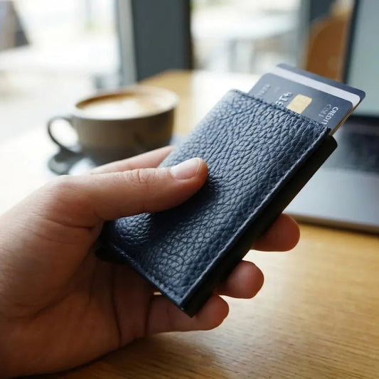 Navy Blue Bifold Pop-Up Leather 8 Card Slots, 1 Id Window, 1 Cash Compartment Premium Pebble Grain Leather Card Holder For Men & Women