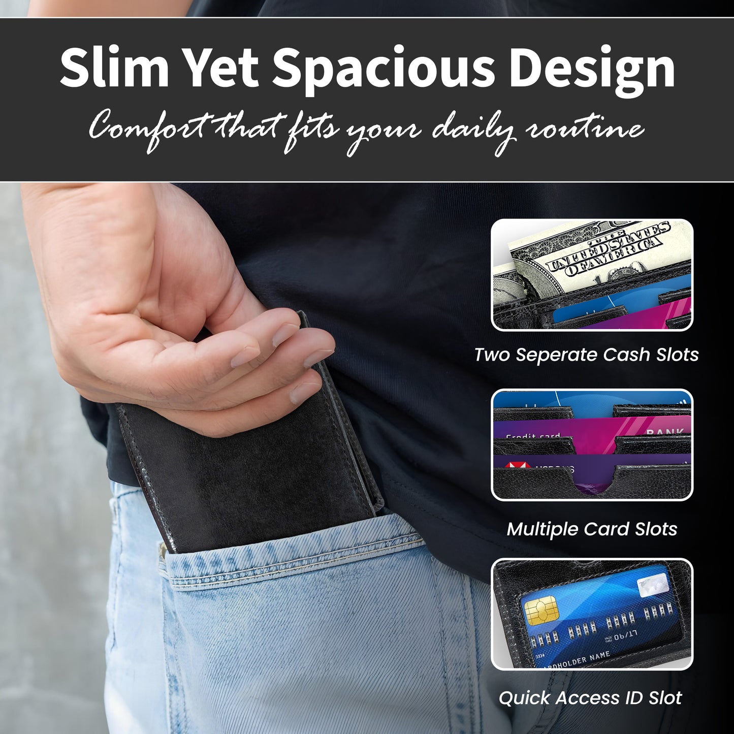 Charcoal Slim Waxed Crunch Leather Bifold Wallet Rfid Blocking Genuine Leather Rugged & Durable, 6 Card Slots, Id And Full Cash Compartment For Men