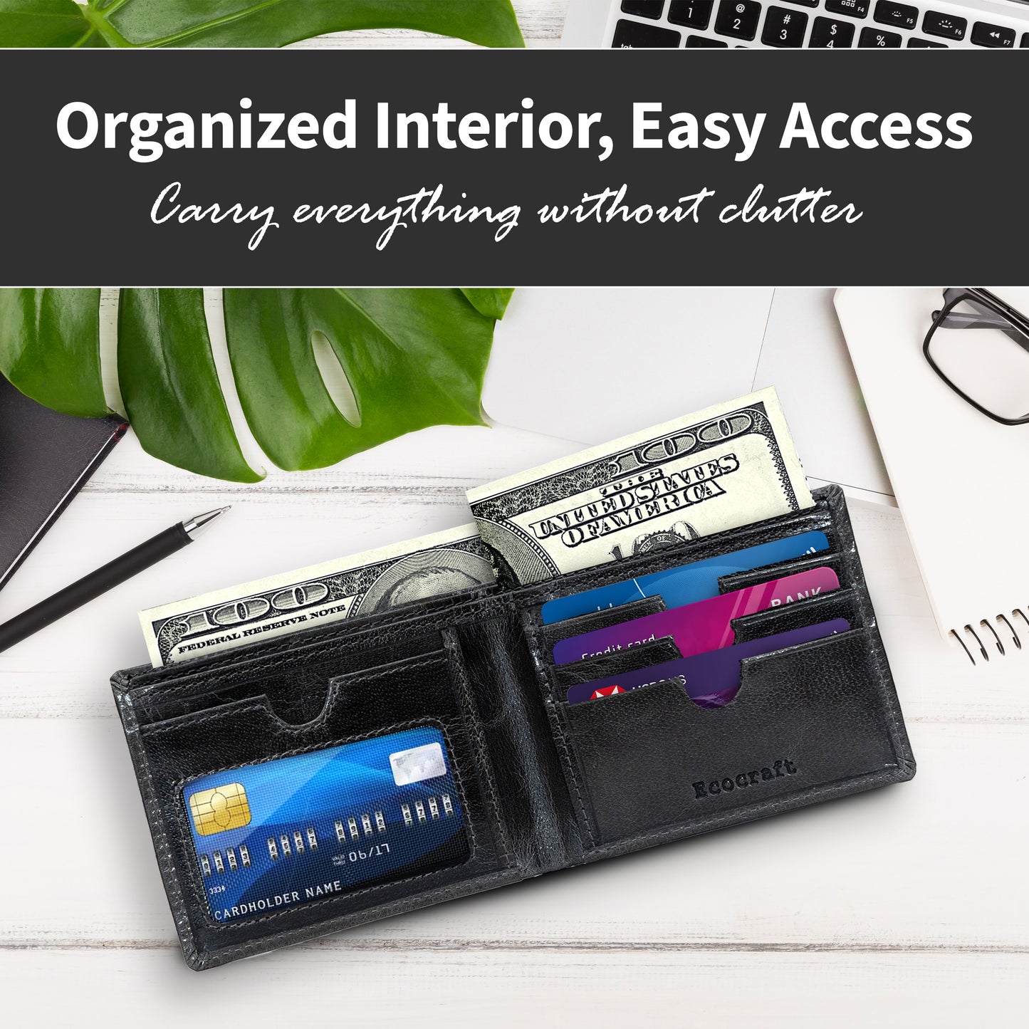 Charcoal Slim Waxed Crunch Leather Bifold Wallet Rfid Blocking Genuine Leather Rugged & Durable, 6 Card Slots, Id And Full Cash Compartment For Men