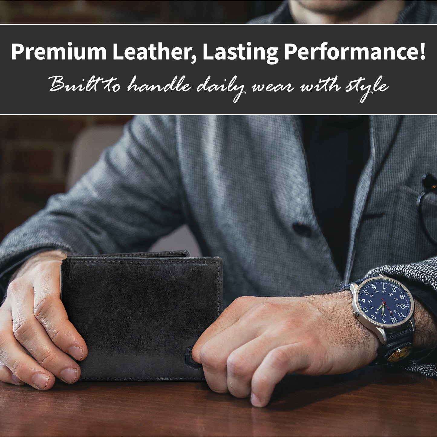 Charcoal Slim Waxed Crunch Leather Bifold Wallet Rfid Blocking Genuine Leather Rugged & Durable, 6 Card Slots, Id And Full Cash Compartment For Men