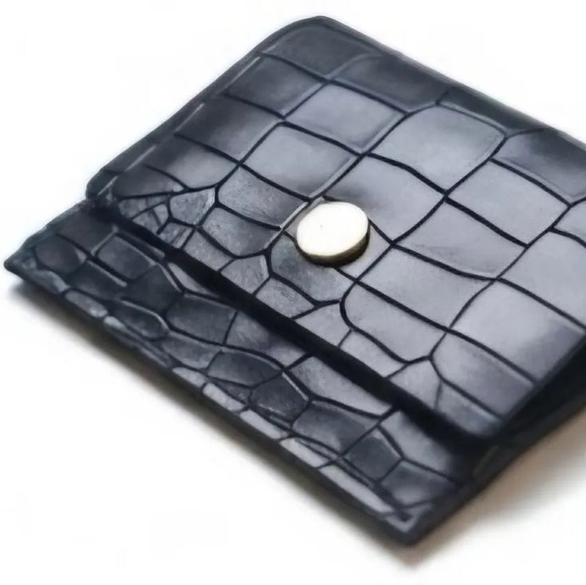 Black Croco Genuine Leather Slim Gloss Aniline Finish With Snap Button Flap 5 Card Capacity Card Case For Men & Women