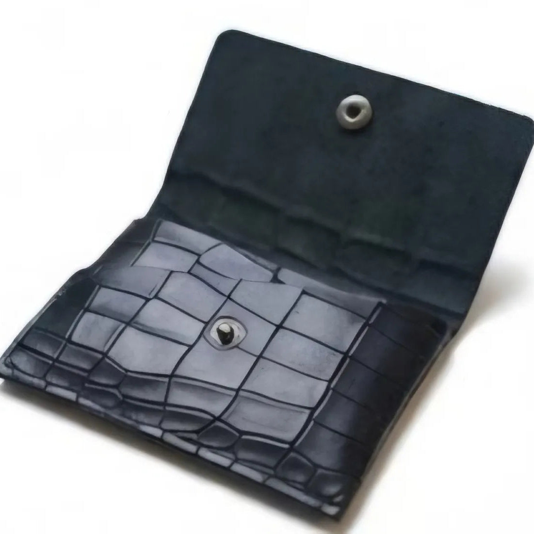 Black Croco Genuine Leather Slim Gloss Aniline Finish With Snap Button Flap 5 Card Capacity Card Case For Men & Women