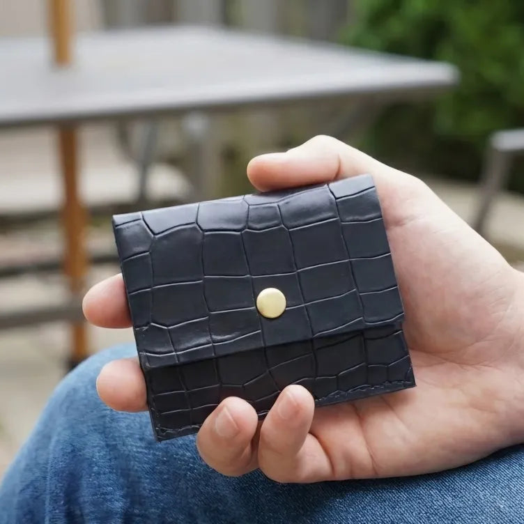 Black Croco Genuine Leather Slim Gloss Aniline Finish With Snap Button Flap 5 Card Capacity Card Case For Men & Women