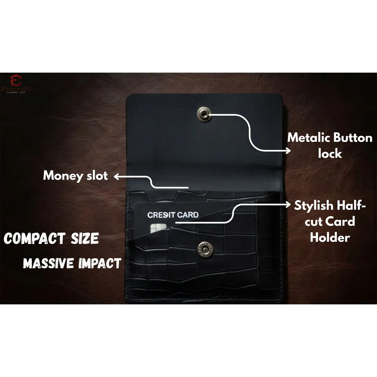 Black Croco Genuine Leather Slim Gloss Aniline Finish With Snap Button Flap 5 Card Capacity Card Case For Men & Women