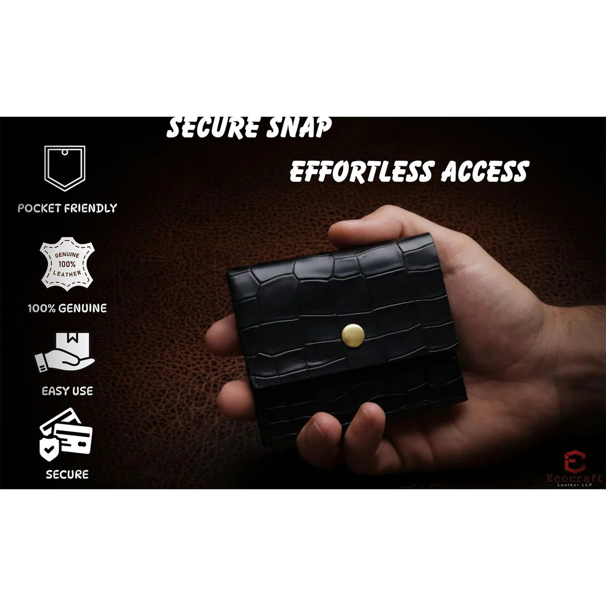 Black Croco Genuine Leather Slim Gloss Aniline Finish With Snap Button Flap 5 Card Capacity Card Case For Men & Women