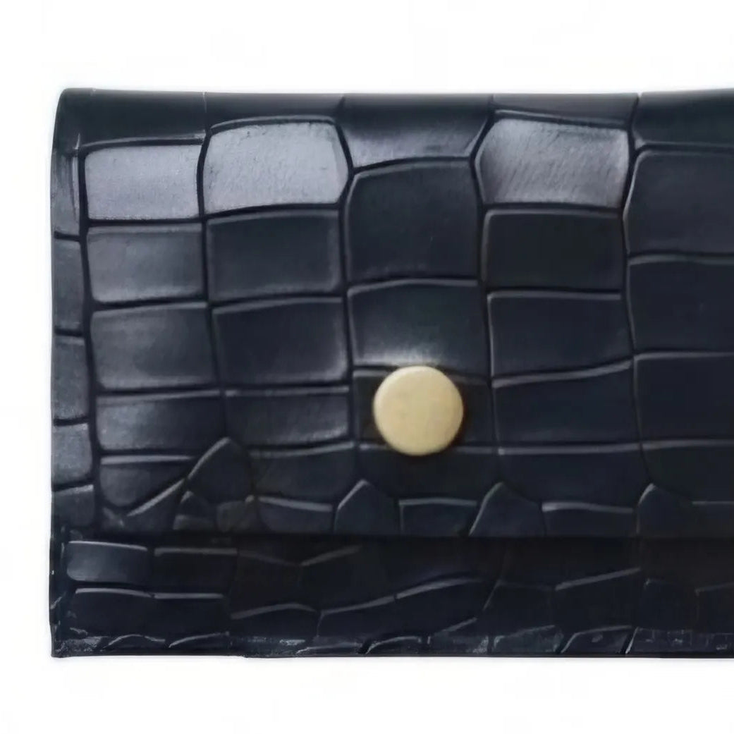 Black Croco Genuine Leather Slim Gloss Aniline Finish With Snap Button Flap 5 Card Capacity Card Case For Men & Women