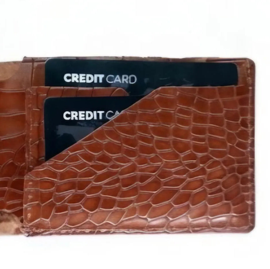 Tan Croco Pattern Genuine Leather V-Cut Bifold Snap Closure, Gloss Aniline Finish, Multi-Compartment Storage Wallet For Men