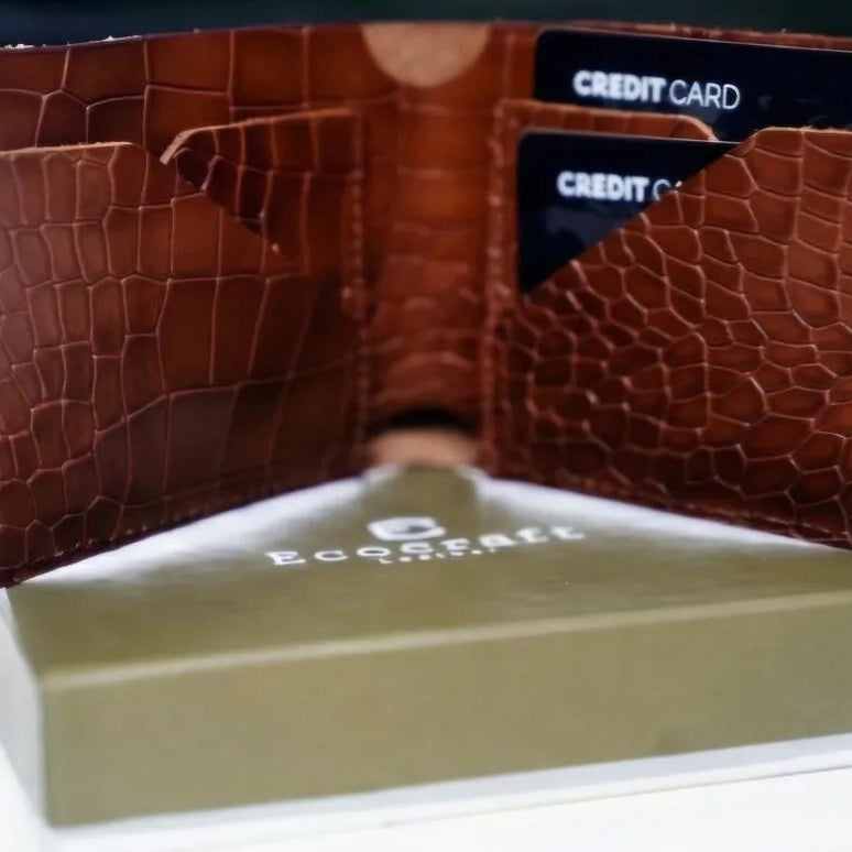 Tan Croco Pattern Genuine Leather V-Cut Bifold Snap Closure, Gloss Aniline Finish, Multi-Compartment Storage Wallet For Men