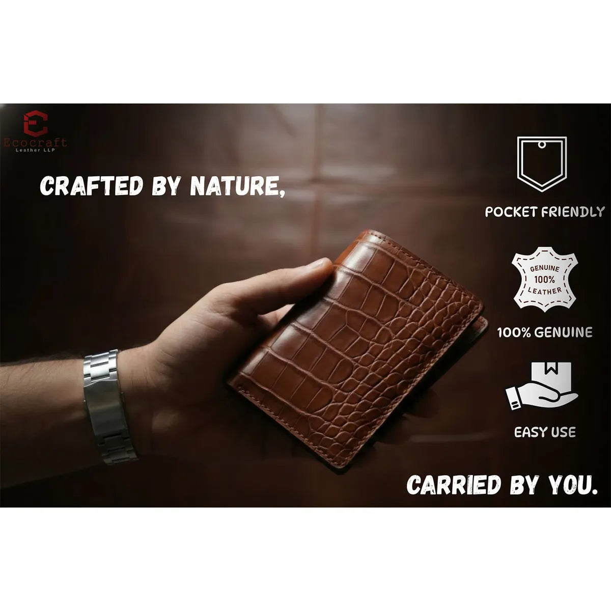 Tan Croco Pattern Genuine Leather V-Cut Bifold Snap Closure, Gloss Aniline Finish, Multi-Compartment Storage Wallet For Men