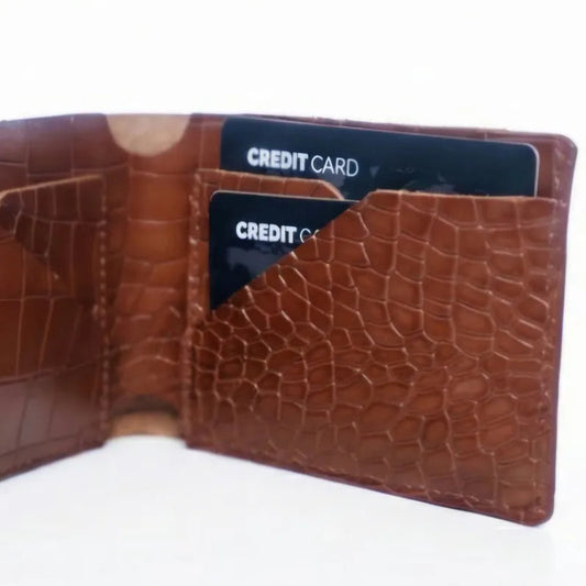 Tan Croco Pattern Genuine Leather V-Cut Bifold Snap Closure, Gloss Aniline Finish, Multi-Compartment Storage Wallet For Men