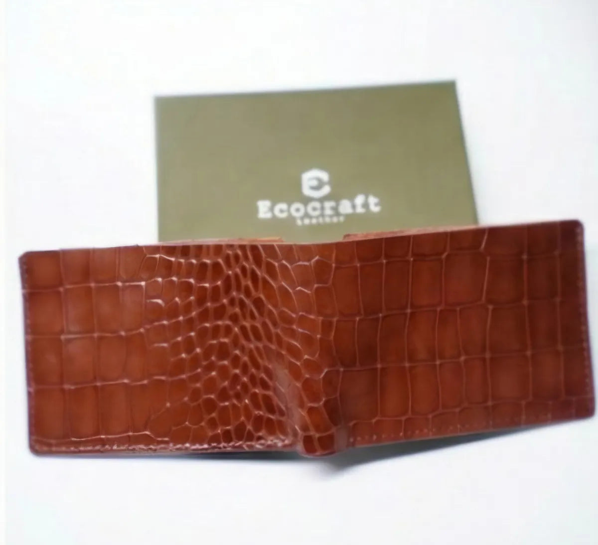 Tan Croco Pattern Genuine Leather V-Cut Bifold Snap Closure, Gloss Aniline Finish, Multi-Compartment Storage Wallet For Men